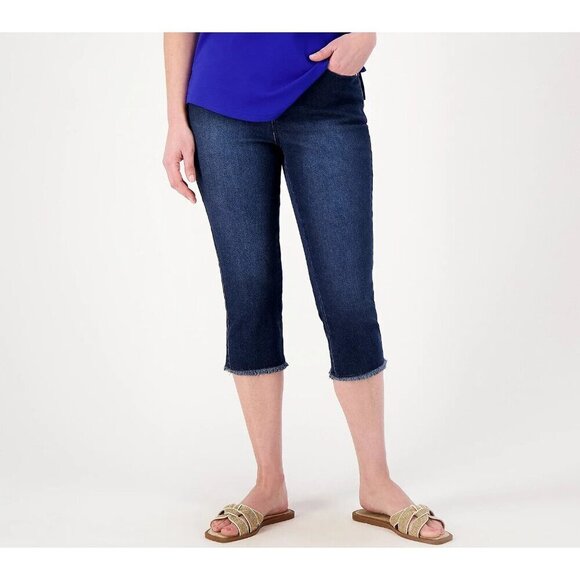 Belle by Kim Gravel Reg Trutemp Capri Jeans with Frayed Hem Dark Indigo,Reg 4 - Picture 1 of 1
